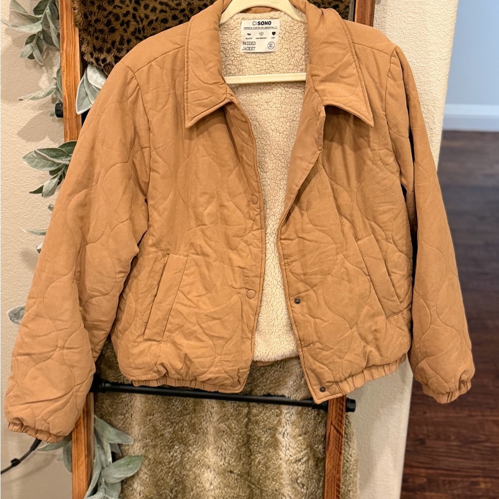 Ci Sono Quilted Bomber Jacket in Tan